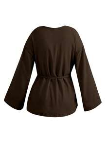 女士秋季新款简约长袖系带衬衫式外套，适合所有季节及春季穿着 - 紫紅色 - 查看 3