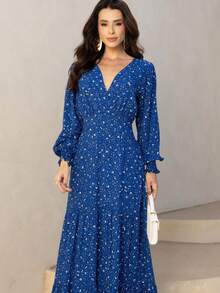 WOMEN'S LONG SLEEVE DRESS IN PRINTED VISCOLINE FABRIC - Màu xanh lam - Xem 1