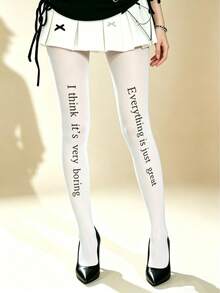 1 Pair Women's Velvet Printed Text Tights, Slim Fit Comfortable Fashionable Sexy Unique, Suitable For Daily Wear, Work Commute And Going Out - Multicolor - View 10