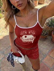 Áo camisole nữ phong cách ven biển "Burning", áo tank top ôm dáng retro 2026, áo crop top không tay in hình cây cọ thoải mái, cổ tròn độc đáo theo phong cách Pinterest mùa hè. - Đỏ - Xem 2