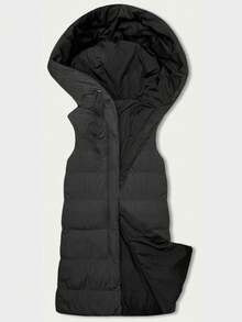 Reversible Oversize Vest With Hood, Hooded Vest, Fixed Hood, Flared At The Bottom, Zipper Closure, 2 Zipper Pockets, Knee-Length, Casual, Spring/Autumn - Black - View 3