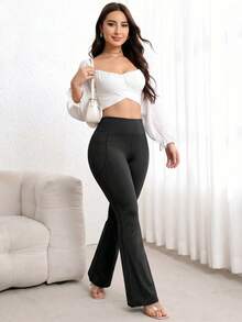 Quần yoga ống loe cạp cao màu trơn size lớn cho nữ, quần ống loe thời trang tôn dáng mặc ngoài có túi thể thao - màu đen - Xem 8