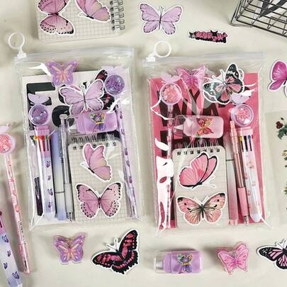 9pcs Butterfly Stationery Set Including: Correction Tape, Highlighter, A7 Spiral Notebook, A5 Coil Notebook, Butterfly Clips, 10-Color Butterfly Pens, Butterfly Ballpoint Pens, Blue Ballpoint Pens, Butterfly Stickers (Random Styles). This Stationery Set Meets All Your Needs, Suitable For Gifts, Kids, Office/School Use, Back To School Season