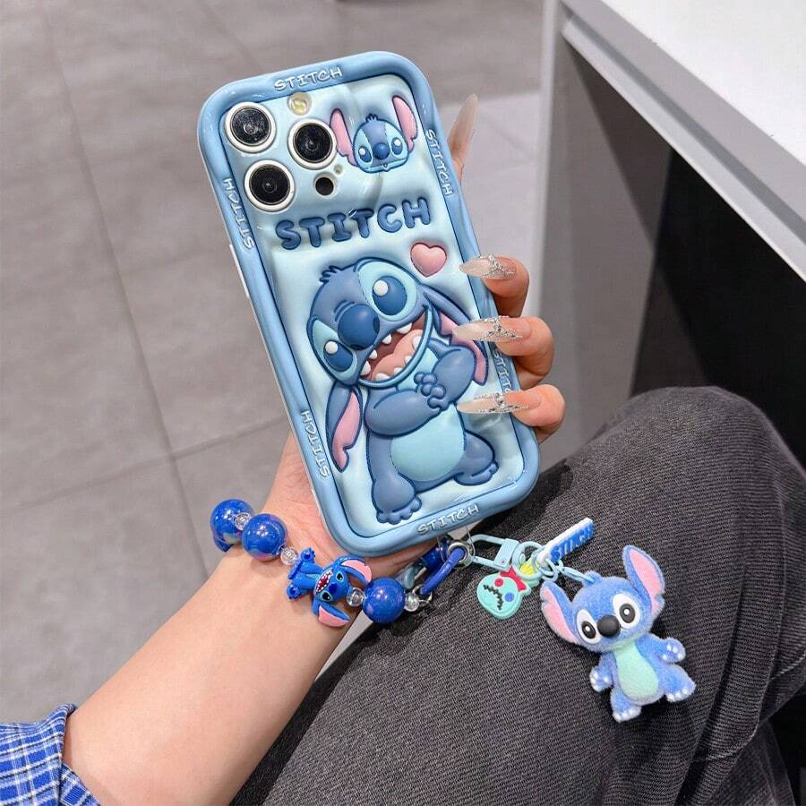 Disney Has Authorized, Phone Case - Chain Set, The Stitch Lilo & Stitch 3D Phone Case Plus A Silicone 3D Stitch Bracelet With Metallic Ring Removable Bracelet, Stitch And Angel Pattern, Compatible With Iphone 17/16/15/14/13/12/11/XS/XR/X Plus Pro Max, A Stylish Cartoon Phone Case, The Perfect Gift Choice, Phone Protection, Durable Phone Cover, Great Gift For Friends And Family - Kiểu trắng B - Xem 1