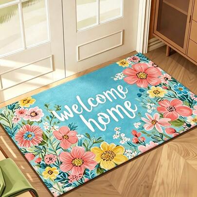 1pc Elegant Blue & Green Watercolor Floral Welcome Mat - Suitable For Indoor & Outdoor, Washable Durable Doormat With Blooming Flower Pattern, Suitable For Porch, Home Decor, Entryway Carpet