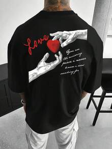 Round Neck T-Shirt With Geometric Print And Letters - 黑色 - 查看 1