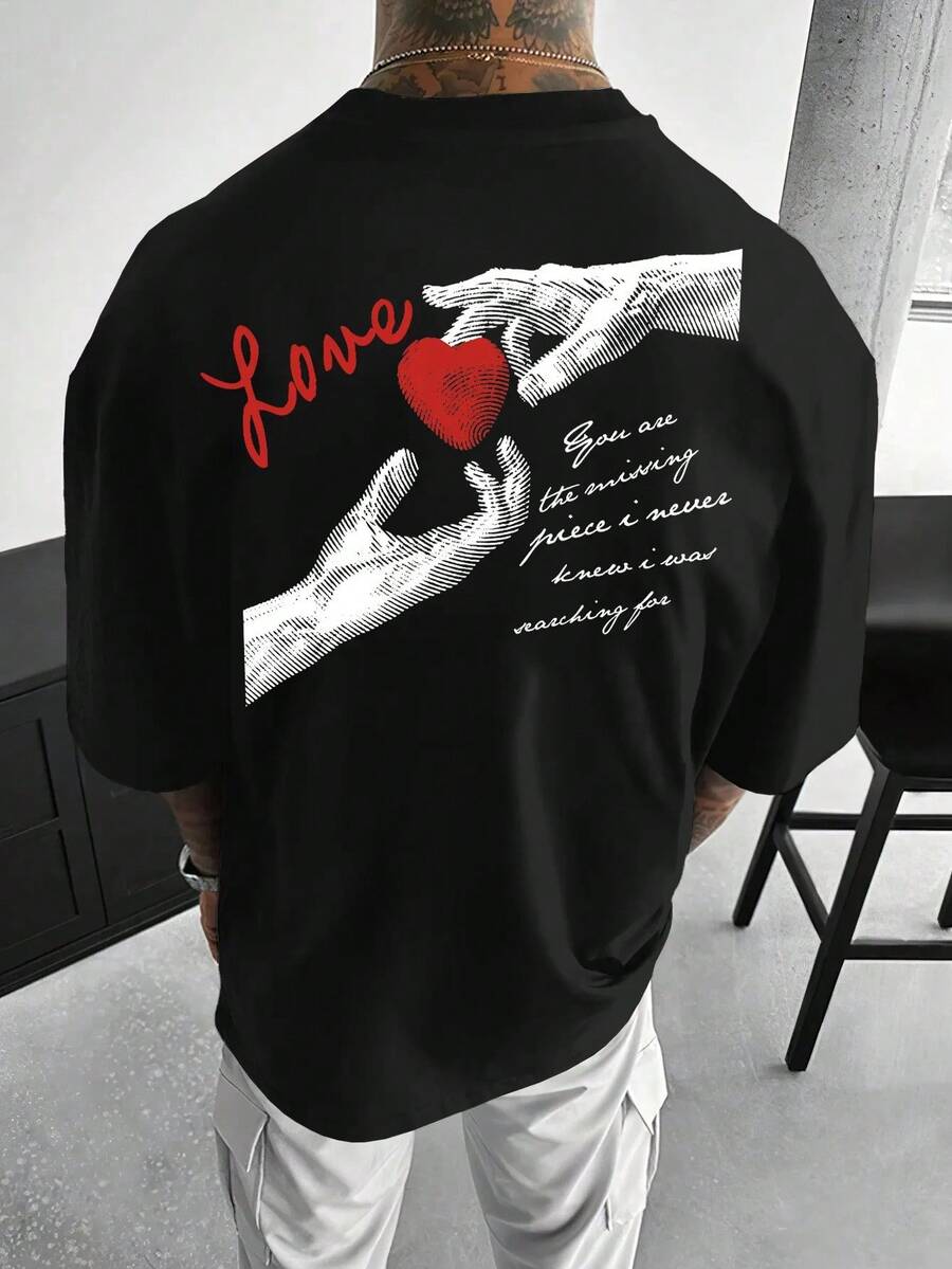 Round Neck T-Shirt With Geometric Print And Letters - 黑色 - 查看 1