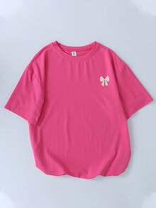 2pcs Casual Set Designed For Girls, Featuring Embroidered Bow Pattern Round Neck T-Shirt & Shorts, Summer Fashionable And Comfortable New Set - Hot Pink - View 11