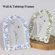 1pc Vintage Arched Photo Frame With Embossed Leaf Design, Decorative Resin Frame, Freestanding Desktop Frame Suitable For Photos, Dried Flowers And Home Decor, Available In Blue And Green - Arched Pattern - View 2