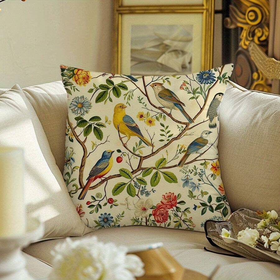 1 Stück Blumen- und Vogel-Kissenbezug - Geeignet für alle Jahreszeiten, beidseitiger Druck, passend für die Dekoration verschiedener Räume wie Wohnzimmer, Schlafzimmer, Arbeitszimmer und Autos (ohne Kissenkern) - Verschiedenfarbig - Übersicht 1