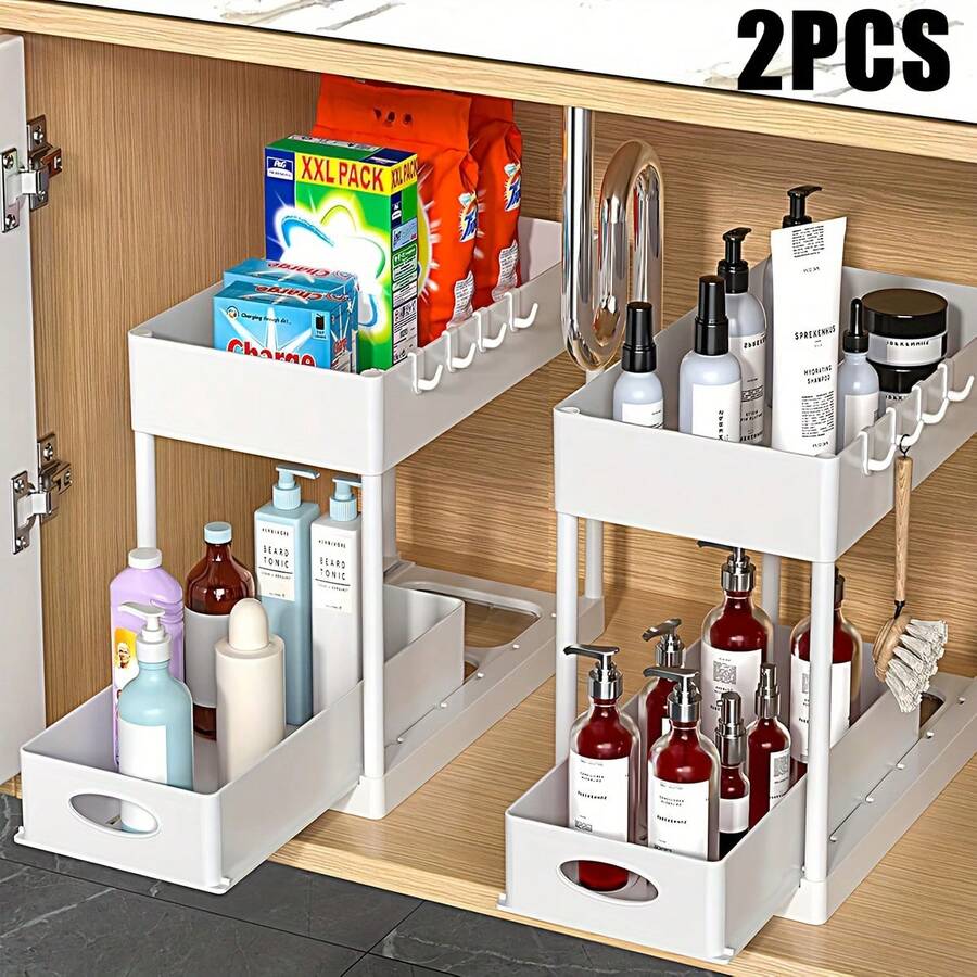 Set Of 2 Double-Tier Under-Sink Storage Racks, Kitchen Cupboard Storage Racks, Double Sliding Basket-Style Storage Drawers, Multi-Purpose Bathroom Storage Baskets, Storage Racks, Under-Sink Kitchen Storage Rack With 10 Hooks And 4 Hanging Baskets, Kitchen Décor, Festive Gifts - White 2-pack H Type - View 1