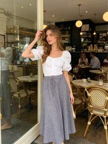 Women's Elastic Waist Tie Plaid A-Line Skirt, Summer Spring - Black and White - View 8