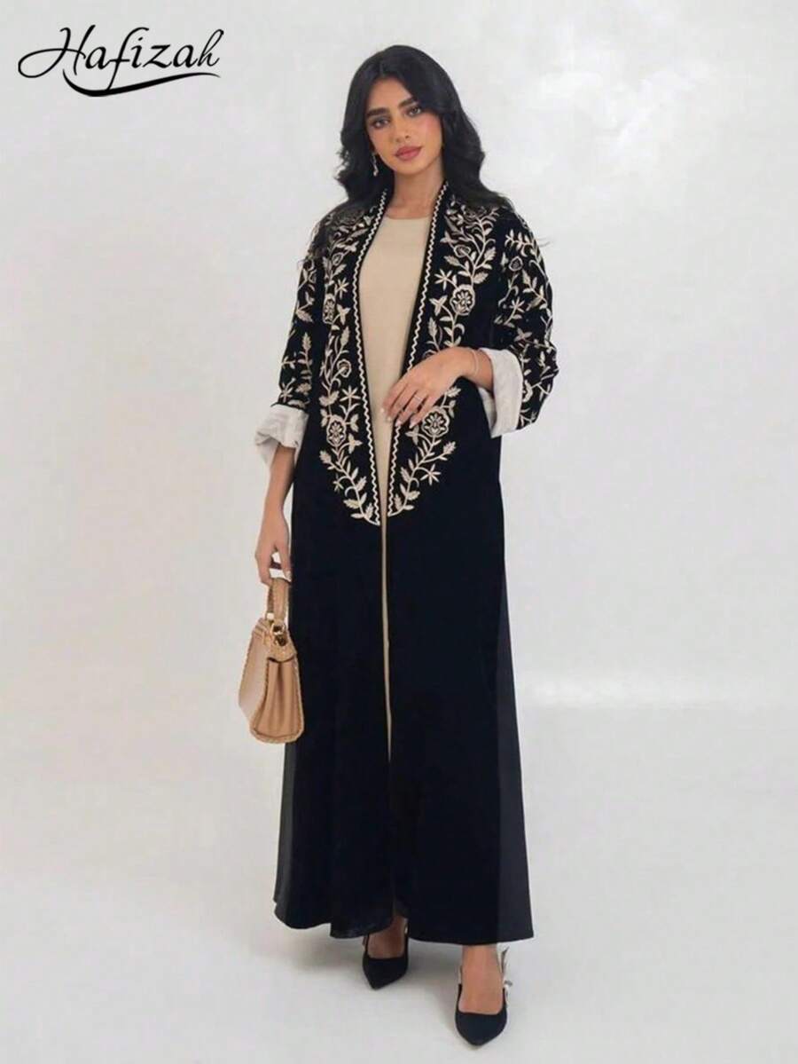 Hafizah 1pc Black Modest Velvet Embroidered Cardigan Abaya Robe
