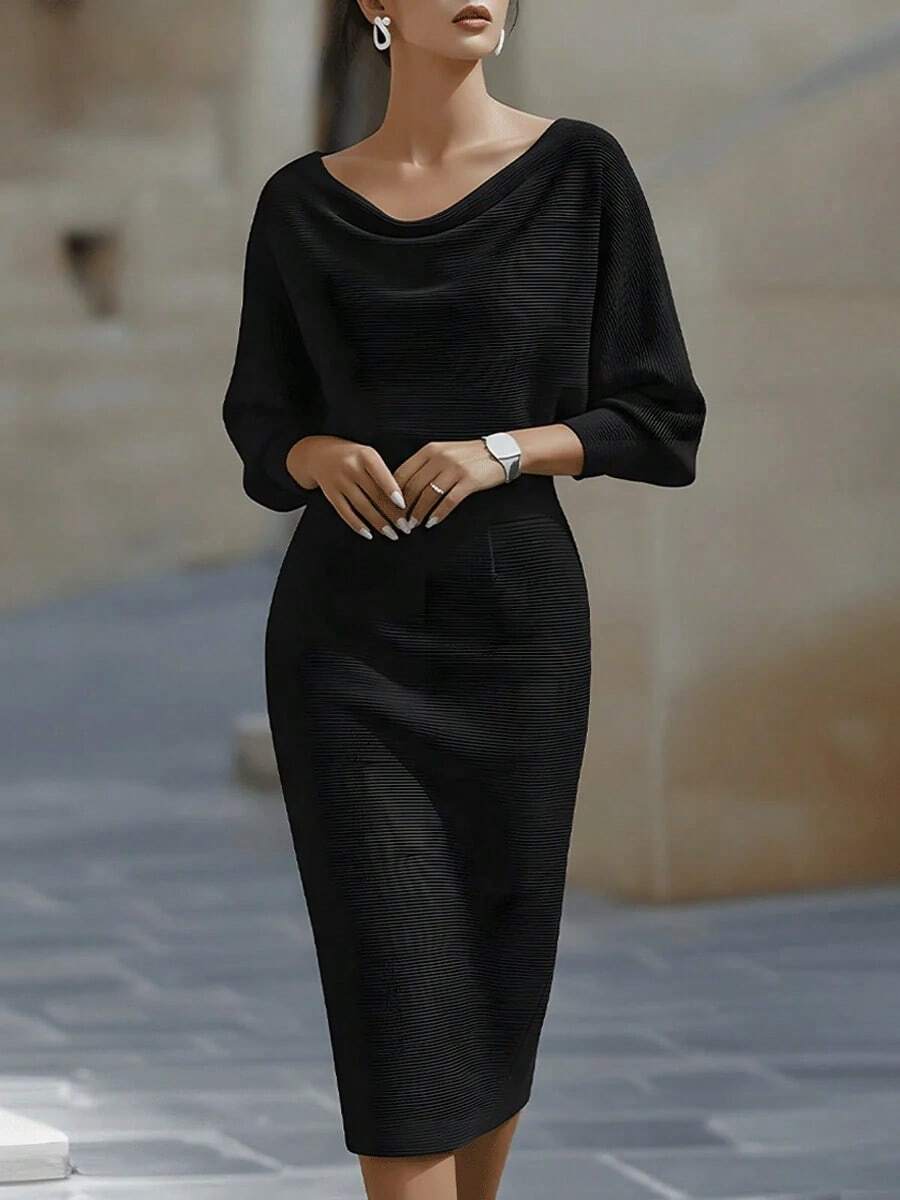 Abito elegante e alla moda da donna con scollo a V, maniche a pipistrello, vita segnata, sexy e grazioso in colore nero - nero - Visualizzare 1