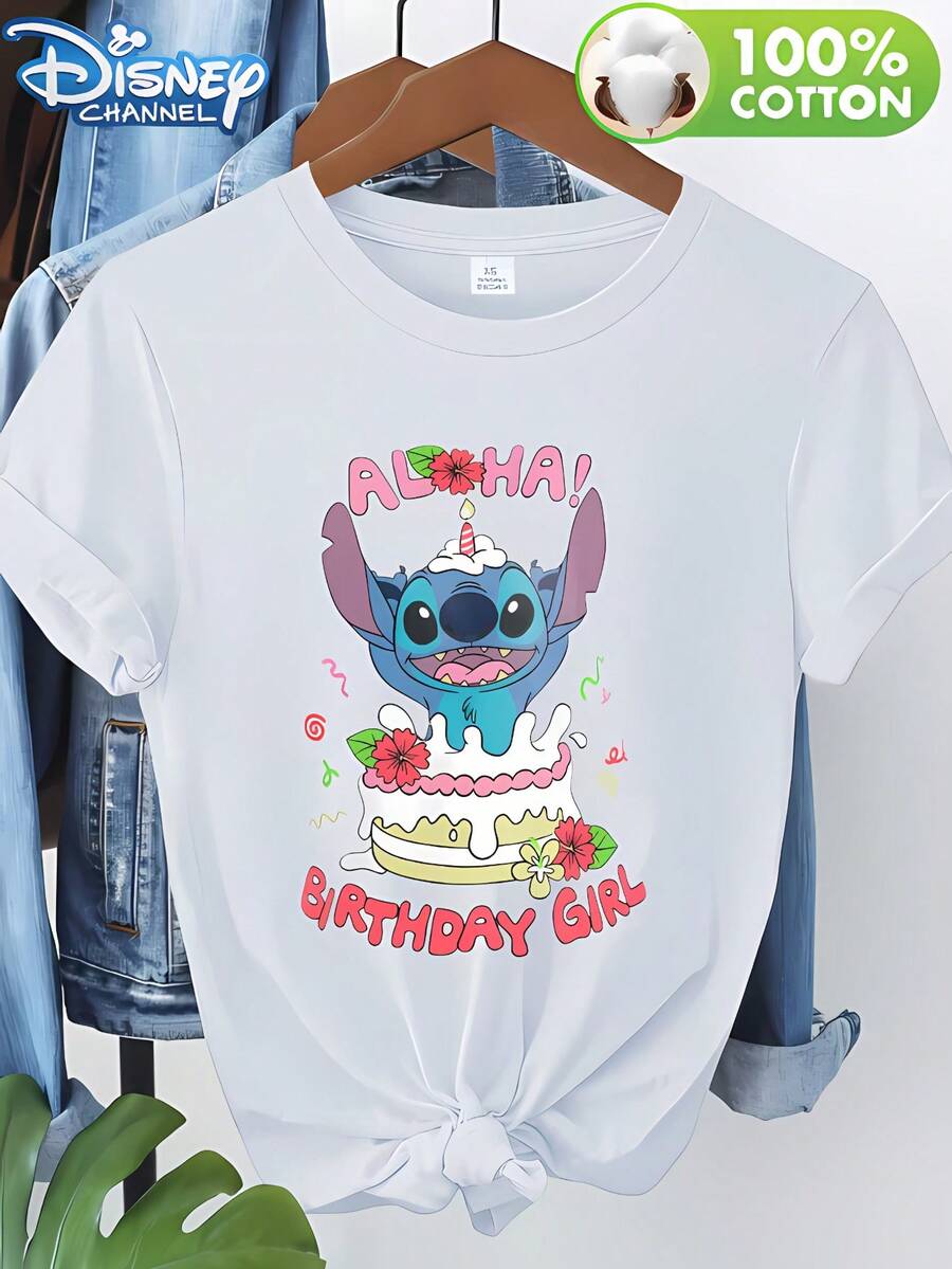Disney Co-Branded "Star " Stitch Holding A Cake Hawaiian Birthday Print Women's Round Neck, Suitable For Spring, Summer And Autumn For Both Outerwear And Innerwear. New Versatile, Casual, Soft And Comfortable T-Shirt - trắng - Xem 1