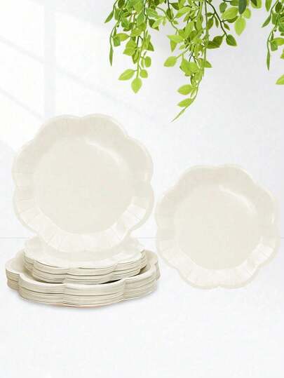1-20pcs Ivory Wavy 9-Inch Disposable Paper Party Plates, Elegant Floral Design; 7-Inch Cream Cake & Dessert Plates, Baby Shower, Wedding, Birthday Party Decorations