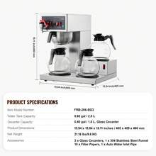 12 tazas cafetera de goteo comercial, cafetera con 3 carafas de vidrio y 3 placas más calientes, acero inoxidable para verter sobre la cervecera de café para restaurante, oficina, café - no hay agua caliente - Ver 2