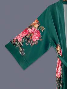 Japanese Style Rose Floral Print Mid-Length 3/4 Sleeve Kimono Cover Up Thin Outerwear For Women, European And American Elegant Party, Street, Casual, Beach, Resort Wear, Lightweight Robe, Bathrobe, Dress - Green - View 5