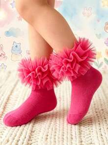 1 par de calcetines de malla con volantes esponjosos para niñas, calcetines de princesa con pliegues lindos, uso diario cómodo y transpirable - Rosa Fucsia - Ver 2