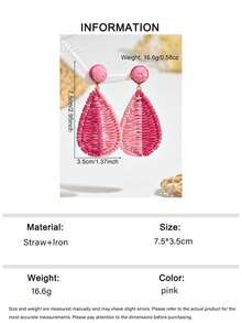 OOQ 1 Pair Handmade Boho Style Raffia Teardrop Earrings, Colorful Summer Holiday Party Music Festival Jewelry, Versatile Daily Wear Gift For Women (Handcrafted Raffia Weaving, Shape & Direction Random) - Pink - View 6