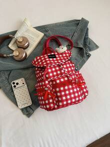 2026 New Red & White Plaid Backpack, Cute Rabbit Pendant Mini Backpack, Versatile Student/Commute Bag - A - View 4