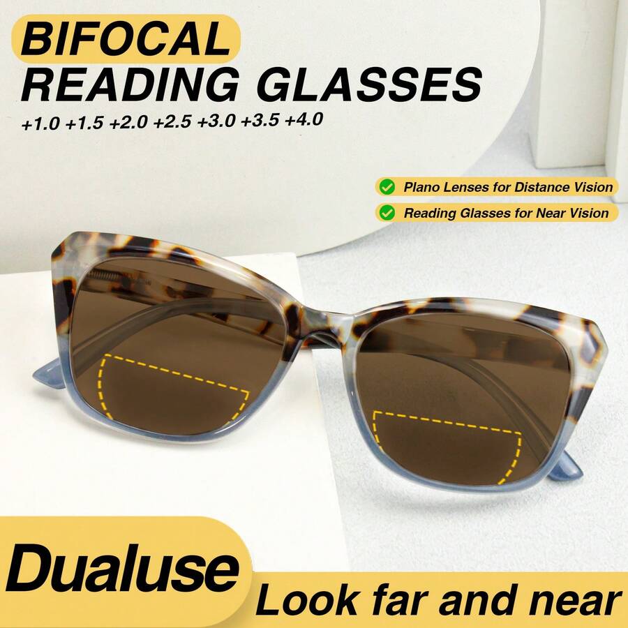 1pc Cat Eye Tinted Bifocal Reading Glasses, Color Combination, Bifocal Lens For Near And Far Vision, Fashion Comfortable Women Reading Glasses With Spring Hinges - 藍豹 - 查看 1