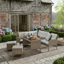 Poly Rattan Dining And Lounge Set For 7 People, With Sofa, Table, Stool And Cushions, Removable And Washable Fabric Cover, Khaki Color. - 卡其色 - 查看 12