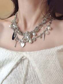 Bộ 2 dây chuyền bạc Y2K đính đá Zirconia nhiều màu sắc, ngọc trai giả, thiết kế riêng theo sở thích cá nhân, phù hợp cho nữ giới đeo hàng ngày, dự lễ hội, tiệc tùng, làm quà tặng trang sức. - Bạc - Xem 6