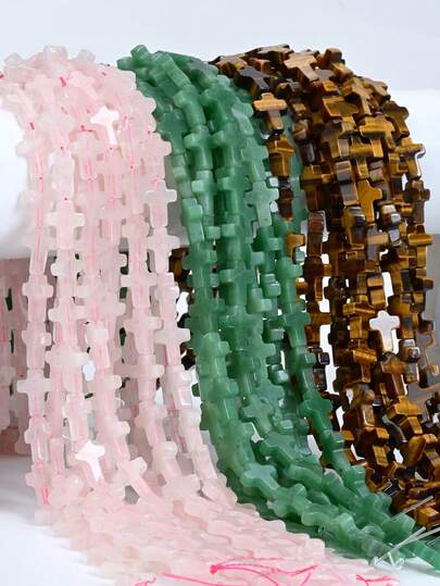 8pcs Natural Tiger Eye Rose Quartz Green Aventurine Crosses Loose Beads For Jewellery Making.12mmx16mm Beads Suitable For DIY Necklaces, Bracelets And Anklets.Jewelry Decorations.