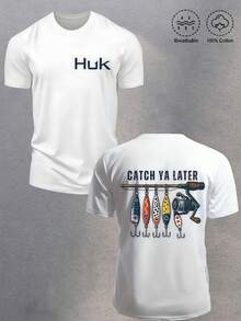 Huk Performance Fishing - Fishing Lures "Catch Ya Later" Slogan "HUK" Pattern Men's Loose Short-Sleeve 100% Cotton Spring/Summer T-Shirt, Y2K Street Retro Casual Outdoor Fishing Aesthetic Loose 100% Cotton Pullover, Gift - 白色 - 查看 1