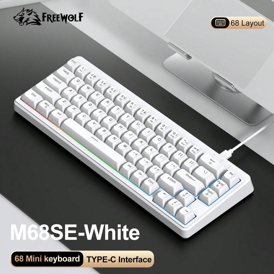 FREE WOLF M68SE Wired Keyboard, Compact Design / 68-Key Layout / Colorful Backlight / TYPE-C Cable Connection / Suitable For Travel And Office Use - 查看 1