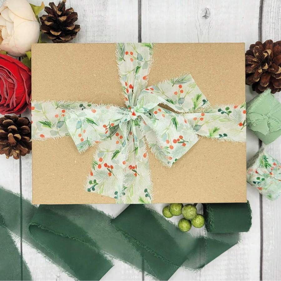 1.5英寸 x 18码 绿色松树印花流苏雪纺圣诞丝带，适用于婚礼请柬、花束、工艺品、礼品包装 - 綠色系 - 查看 1