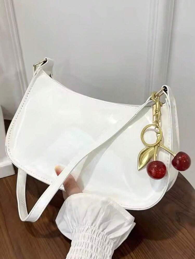 Elegancy Patent Leather Shoulder Bag + Cherry Keychain - New Release - White + Cherry - View 1