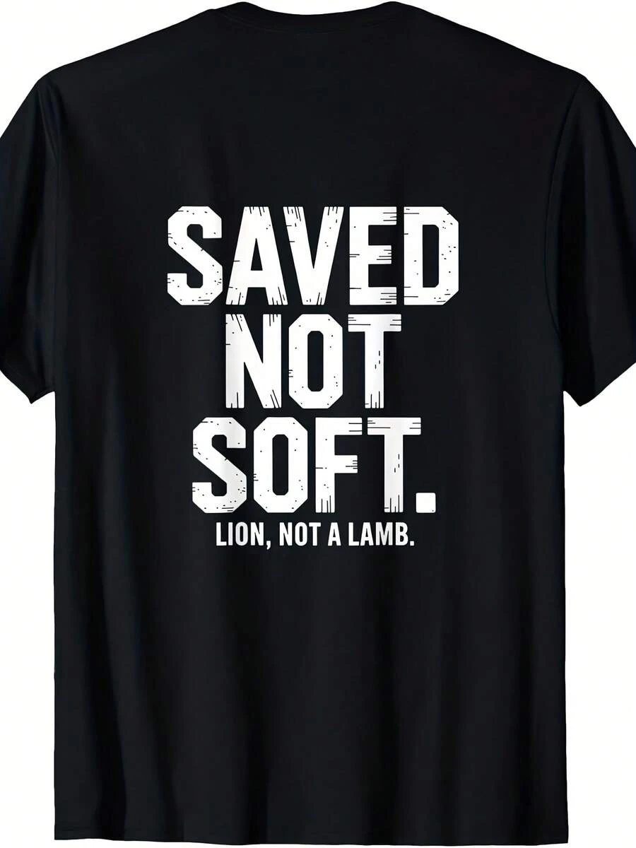 T-Shirt Printed On The Back << , Not Soft, Christian Lion, Not A Lamb " - 220 G/M², Pure Cotton, Unisex, Retro Style, Statement Of Faith, For Men And Women, Christian Church Clothing, Summer Outfit For Women. - Black - View 1