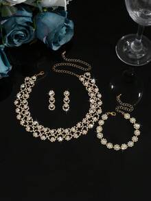 3pcs/Set Women's Party Wedding Crystal Decor Necklace, Pendant, Earrings And Bracelet - Suitable For Daily Wear, Wedding, Party And Other Occasions - Gold - View 3