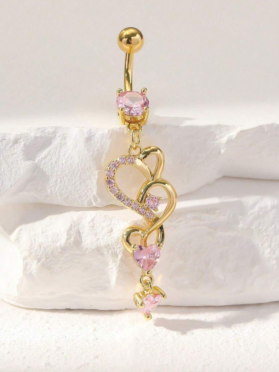 1pc Gold-Plated Copper Long Belly Button Ring With Zirconia Heart Shape Detail, Suitable As Valentine Halloween Christmas Easter Gift, Bar Party Beach Party Birthday Gift Or For Daily Wear For Women Valentines,Mom,Mother,Mother's Day,Gift - 粉色 - 查看 1