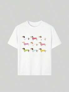 Tween Girl Casual Graphic Print Crew Neck Short Sleeve T-Shirt, Summer TopLong Sleeve T-Shirt, Spring Layering, Casual Tops, Basic Tee, Unisex, Couple Matching, Men & Women - White - View 3