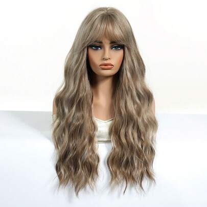 Brown 26-Inch Wigs For Women Long Brown Wavy Wigs With Bangs Fluffy And Soft Heat-Resistant Wigs For Women For Cosplay Party Daily Wig Synthetic Fake Hair High Temperature Wig