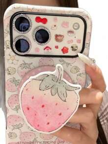 Cute Fruit Element Acrylic 1pc Polka Dot Strawberry Magnetic Telescopic Phone Holder, Girly Style, Thoughtful Gift For Girlfriend, Family And Colleagues, Magnetic Phone Stand, Phone Accessory, Travel Essential Mother's Day Gift - Strawberry - View 3
