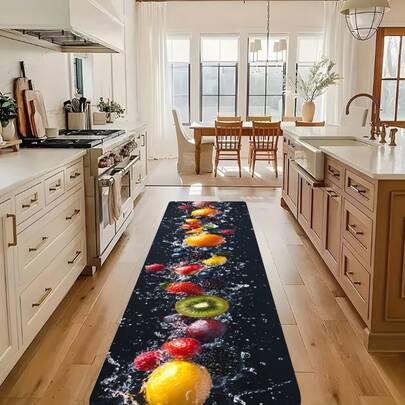 1 pieza Alfombra de baño con estampado de frutas festivas, de punto ligero de poliéster, lavable, antideslizante e impermeable, estera de espuma gruesa para dormitorio, cocina, pasillo, baño - Alfombra de pasillo navideña