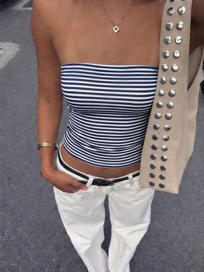Novo Top Bandeau Feminino Vintage Listrado Azul e Branco, Blusa Cropped com Cintura Franzida