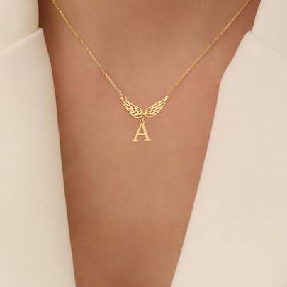 1pc New Fashion Angel Winds Initial Pendant Golden Stainless Steel Chain Necklaces For Women
