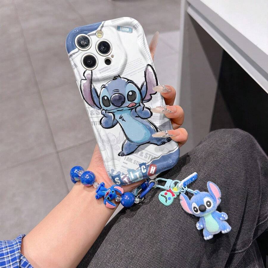 Disney Has Authorized, Phone Case - Chain Set, The Stitch Lilo & Stitch Phone Case Plus A Silicone 3D Or Fluffy Style Stitch Bracelet With Metallic Ring Removable Bracelet, Stitch And Angel Pattern, Compatible With Iphone 17/16/15/14/13/12/11/XS/XR/X Plus Pro Max, Wavy Design Phone Case For Girl, A Stylish Cartoon Summer Phone Case, The Perfect Gift Choice, Phone Protection, Durable Phone Cover, Great Gift For Friends And Family - 白色款式B - 查看 1