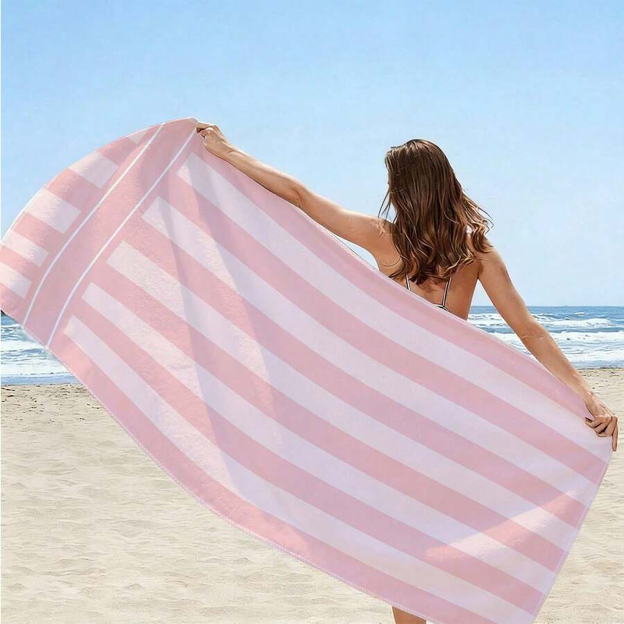 1Pc Gentle Pink & White Vertical Stripe Beach Towel, Sweet Stripe Girly Style. Multiple Sizes Printed Beach Towel, Bath Towel, Fashionable Beach Towel, Super Absorbent Bath Towel, Suitable For Bathroom, Swimming, Fitness, Yoga - 75x150厘米 - 查看 1