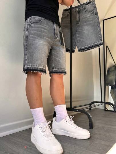 Loose Distressed Hem Wide Leg Denim Shorts, Y2K Baggy Mid-Length Jeans Shorts, Casual Street Style Loose Fit Versatile Denim Shorts, Cotton Slant Pocket Denim Shorts, Summer Denim Pants