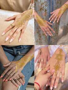 4 Sheets Gold Henna Tattoos Stickers Glitter Hand Temporary Tattoos Waterproof Glitter Makeup Metallic Tattoo For Women Summer Date Festival Party Supplies Beach Easter Gifts Rave Accessories - Gold - View 2