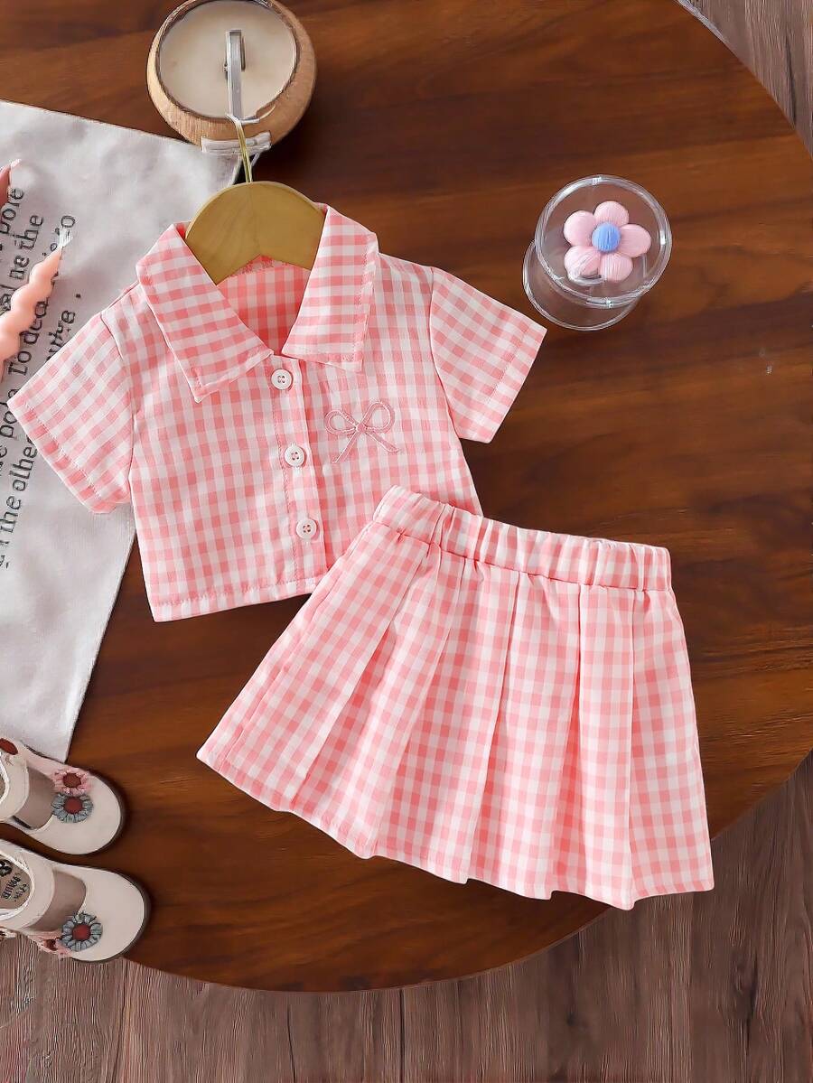 Camisa de manga corta con cuello a cuadros para niña - Rosa - Ver 1
