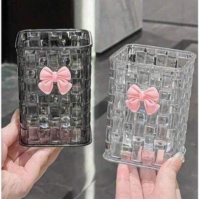 Transparent Acrylic Bowknot Desktop Storage Box, Minimalist Fashion Cosmetic Organizer, Pen Holder, Stationery & Supplies Container With Butterfly Decor, Suitable For Home Or Office, Ideal Gift For Valentine's Day