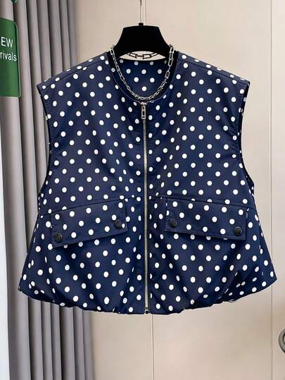 Women's Sleeveless Short Vest Jacket, Polka Dot Sleeveless Top With Minimalist Round Neck, Romantic Peplum Hem Design, Lined, Versatile Blouse For Spring & Summer