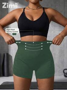 Zimi Collection Plus Size 0XL-3XL High Waist Seamless Shaping Shorts For Women, Gray Side Pleated Waist & Abdomen Control Compression Yoga Fitness Running Casual Sports Shorts - Green - View 5
